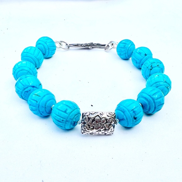 Natural Carved Turquoise Bracelet Handmade Sterling Silver 11th Anniversary - Picture 4 of 10